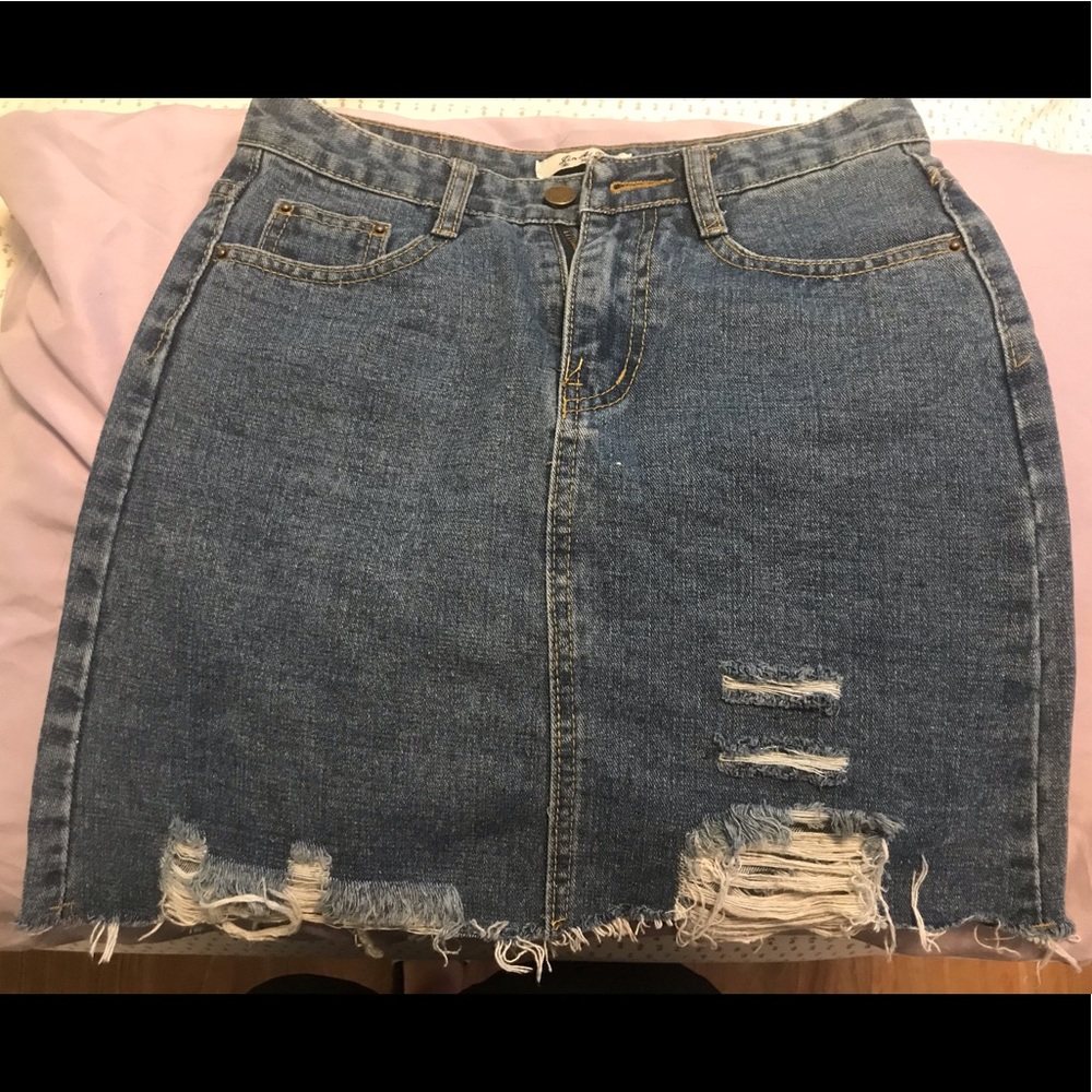 Distressed jean skirt